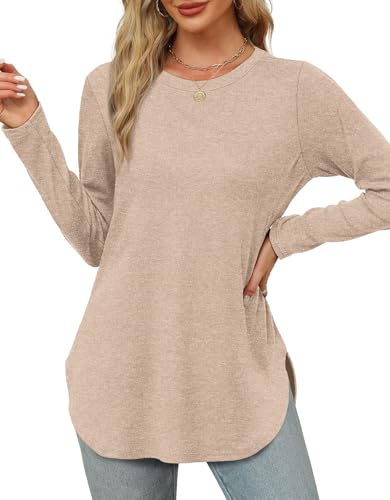Image of XIEERDUO Womens Long Sleeve Round Neck Shirts Side Split Basic Loose Tunic Tops Casual 2026