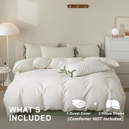 VM VOUGEMARKET Red Blooming Duvet Cover Set Twin,Green Plaid Grid Duvet Cover with 2 Bowknot Pillowcases 100% Cotton Chic Garden Style Bedding Set for Girls Women Without Comforter