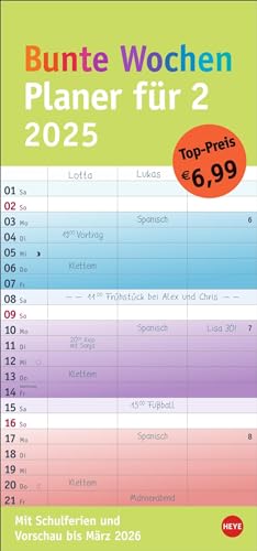 Bunte Wochen Planer für 2 2025: Praktischer Wandplaner für zwei mit 3 Spalten. Wandkalender mit Schulferien und 3-Monats-Ausblick. Terminkalender 2025 zum Eintragen. (Bürokalender Heye)