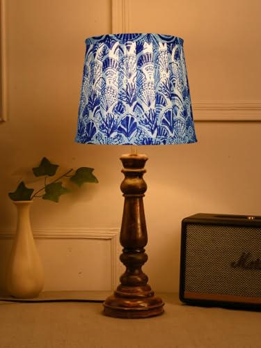 Image of Green Girgit Classic Wooden Lamp in Walnut Brown Color with Pleeted Multiolor Blue Feathers Shade, Vintage Wooden Table Lamp with Feather Print Shade, Decorative Light for Bedroom (LED Bulb Included)