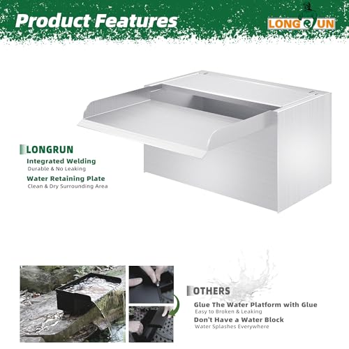 LONGRUN 23cm Teich-Wasserfall,304 Edelstahl Pool-Wasserfall mit Wasserpumpe,7 Farben Bluetooth LED Garten Brunnen