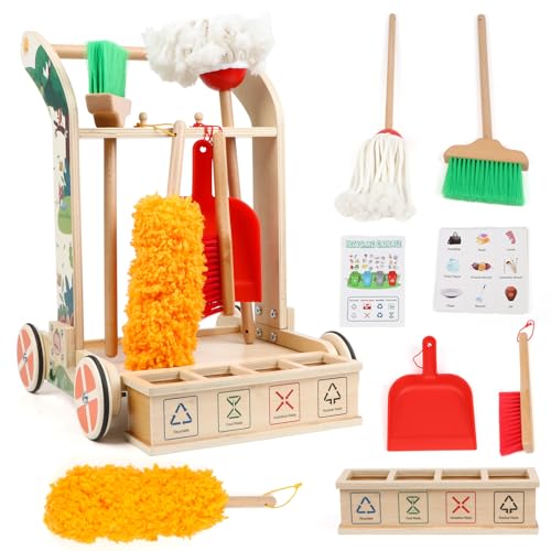 Kids Cleaning Set for Toddlers 8 PCS Montessori Cleaning Toys with Broom Mop Dustpan Duster Categorize Garbage Wooden Detachable Pretend Playing Tools for Kids Housekeeping - Thumbnail 2