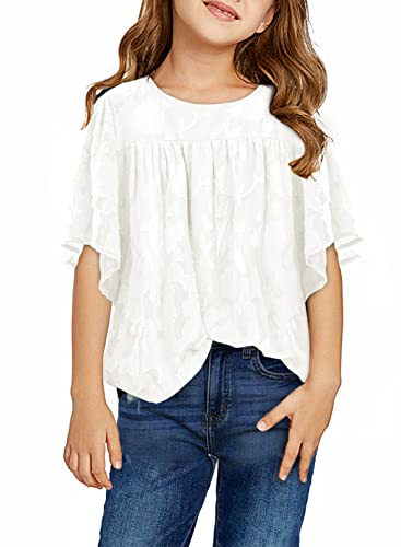 Blibean Girls Summer Boho Blouse Tween Kids Cute Flutter Short Sleeve Tops Solid Flowy Floral Shirt Fashion Clothing Ruffle Clothes Blusa Niña Size 12-13 Years Xx-Large White #TOP26