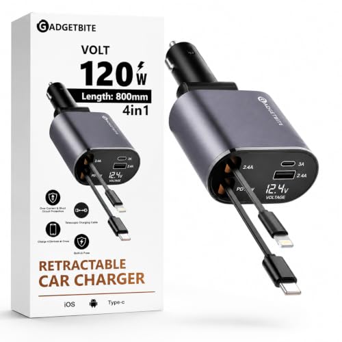 Image of GadgetBite VOLT Car Charger 120 Watt 4 in 1 Charger with Retractable Cables & Dual Ports Type C cable and Lightning cable Super Fast Charger Compatible With iPhone 17 to 11 Pro Max Android iPad - Blue
