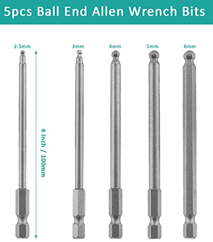 Aracombie 5Pcs Ball End Allen Wrench Bits Ball Head Hex Set, 2.5Mm-6Mm Metric Ball End Screwdriver Bit Set, S2 Steel Hex Head Allen Wrench Drill Bit Set Magnetic 1/4 Inch Hex Shank Driver Bit Set #TOP2