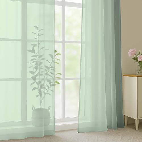 Image of OWENIE Sage Green Sheer Curtain 90 Inches Long 2 Panels Set, Solid Filmy Drapes for Living Room Bedroom, Elegant Window Voile Sheer Curtain Panels Drapes, 2 Pcs, Each 59W x 90L Inch
