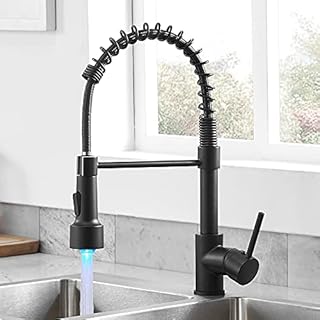Black Kitchen Faucet with Pull Down Sprayer, WOTOKOL Solid Brass Kitchen Faucets Sprayer Spring Single Handle Commercial Kitchen Sink Faucet with LED Light