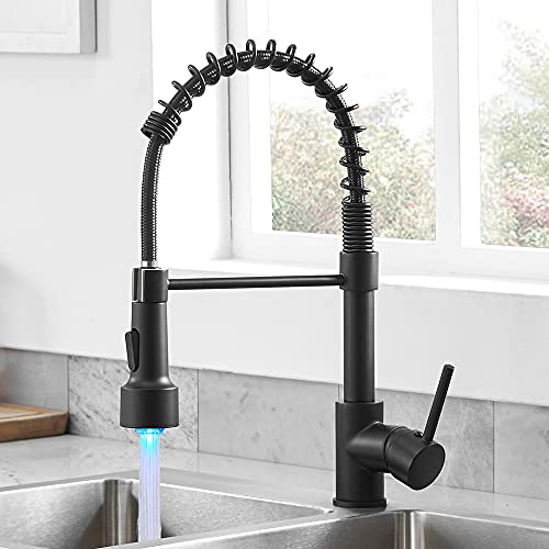 Black Kitchen Faucet with Pull Down Sprayer, WOTOKOL Solid Brass Kitchen Faucets Sprayer Spring Single Handle Commercial Kitchen Sink Faucet with LED Light