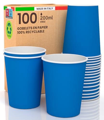 Baciato Caffè 100 Verres en Papier Couleur Bleu 200 ml Écologiques, Gobelets Jetable par Emporter, Résistant à la Chaleur, Carton de Qualité, Boissons...