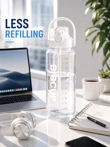 Image of Plastic Big Water Bottle 2.6 Liter with Straw Clear Motivational Time Marker Drink XL Jug with Handle for Sports Gym-(WHITE)