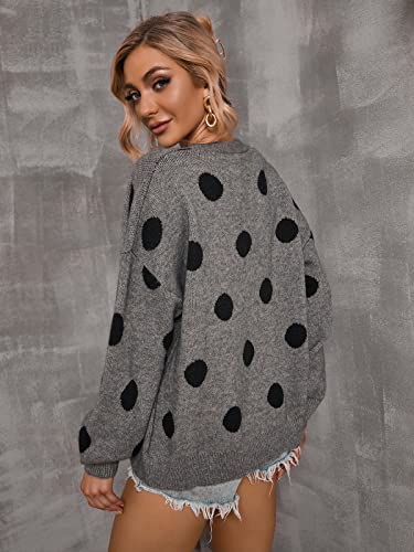 Popdm Women's Cardigan 2022 New Long Sleeve Polka Dot Cardigan Open Front Knit Fall Winter Cardigans Sweater Coat For Women Grey #TOP2