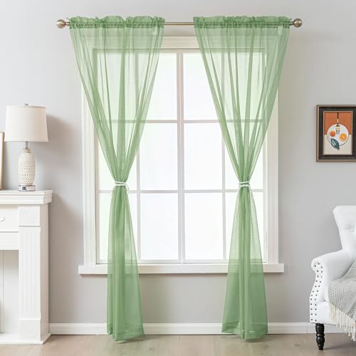 Image of Sage Green Sheer Curtains 108 Inches Extra Long, Privacy Semi Sheer Curtains for Living Room Bedroom, Light Filtering Rod Pocket Voile Window Drapes 2 Panels Set, Each 42 inch W x 108 inch L