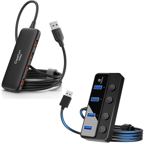 Qeefun 10Gbps USB 3.2 Hub with 4 USB A Data Ports, USB 3.2 Gen 2 Splitter, 4ft Extended Long Cable, Bundle of 4-Port USB 3.0 Hub, Individual LED Power Switches, USB Multiport Splitter with 4ft USB Ext