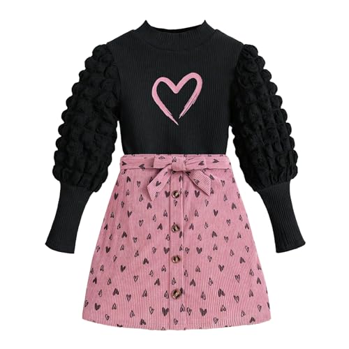 Girls' Dress: Black Rib Knit Top with Puff Ruched Sleeves and Pink Heart Print Skirt 2 piece outfit 2-8 Years
