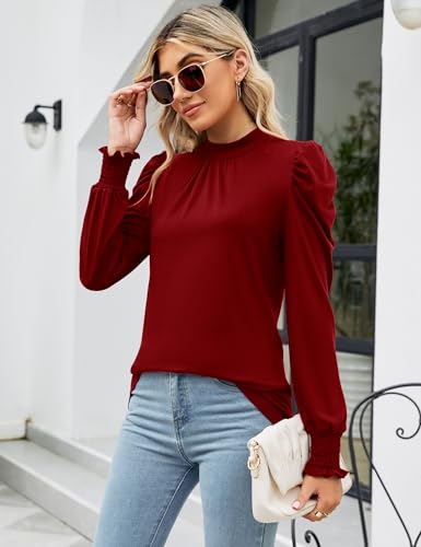 Image of LUYAA Puff Long Sleeve Shirts for Women Tops Dressy Casual Frill Mock Neck Smocked Cuffs Blouses
