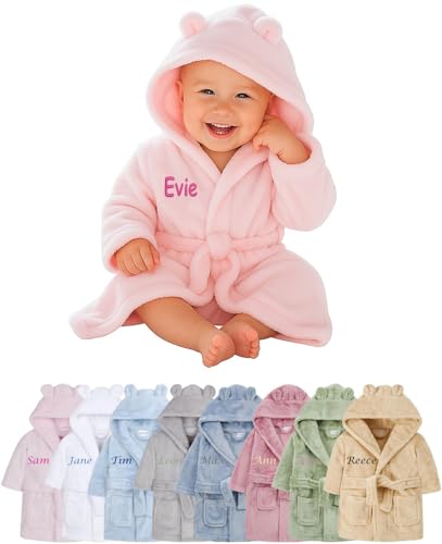 Hoolaroo Personalised Baby Dressing Gown Baby Dressing Gown Robe With Teddy Ears Bath Robe Towel Personalised Gifts Girl Boy Clothing Pink 0-6 Months