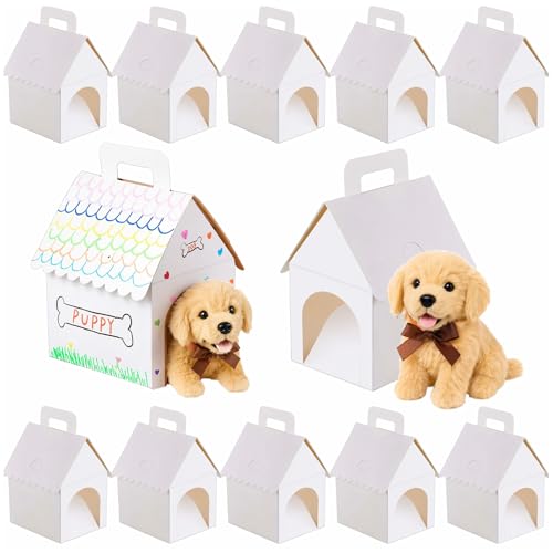 10 Stück Süße Leere Geschenkboxen in Hausform, Tragbare Faltbar Geschenkboxen mit Löchern mit Tür und Griff, Partygeschenkboxen für Hunde-Themenparty Basteln Geburtstagsbedarf Dekoration Bemalen