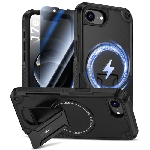 Goton for iPhone 17e/16e Case with Privacy Tempered Glass Screen Protector, Compatible with MagSafe, Invisible Kickstand, Shockproof Phone Cover for Apple iPhone 17 e 16 e Black