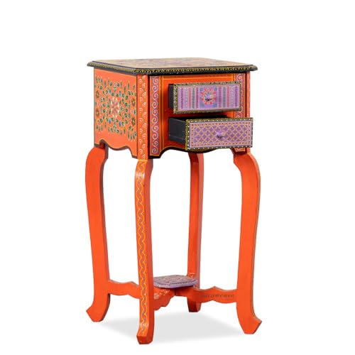 Image of Wooden Bedside Table for Bedroom | 2 Drawer Side Table | Handpainted Rajasthani Chest of Drawers | Solid Wood Small Bedside Table with Drawer Storage for Living Room & Home (Handpainted)