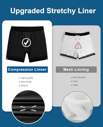Image of Gleeease 7inch Mens Swim Trunks 2 in 1 with Compression Liner Pockets Drawstring Quick Dry Stretch Lined Funny Beach Pool
