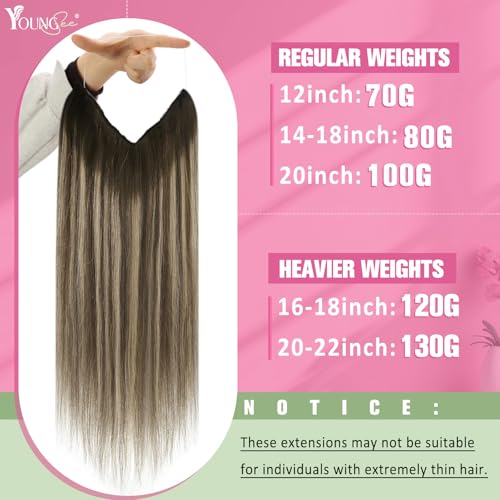 Image of YoungSee 125G Wire Hair Extensions Balayage Brown Fish Line Hair Extensions Real Human Hair Ombre Dark Brown with Ash Blonde Hair Extensions Wire for Women 16Inch