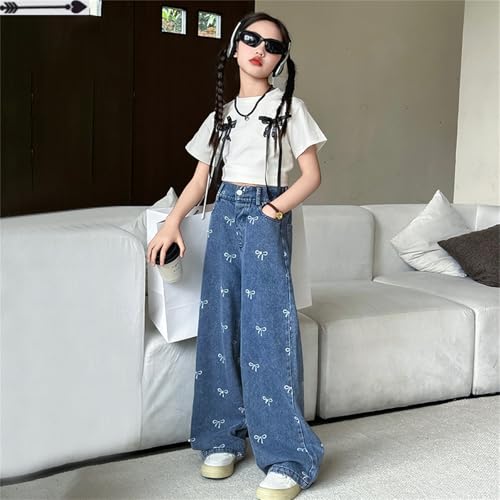 Kids Girls Bow Print Wide Leg Casual Jeans Size 5-14 yrs2