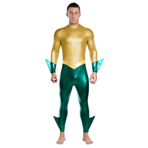 Rswnyirn Disfraz de Neptuno de Dios del Mar para hombre, mono de manga larga con estampado de escamas de pescado, juego de rol, disfraz de carnaval, dorado y verde, 3XL
