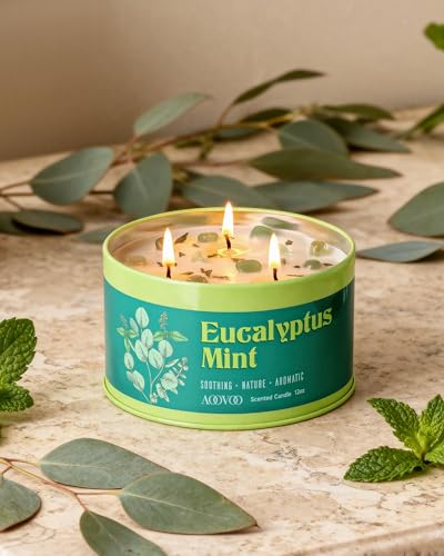 Image of AOOVOO Eucalyptus Mint Candle for Relaxation - 3 Wick 12oz Large Scented Candle with Green Aventurine & Eucalyptus Leaves Inside, Soy Candles Non Toxic for Meditation, Stress Relief, Energy Cleansing