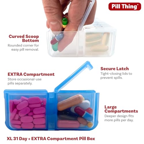 Image of XL Monthly Pill Organizer, Once-a-Day 31-Day Medication Storage Box w /Removable Lid, Extra Compartment for Additional Pills, BPA-Free (XL Blue - 1 Count) (Pack of 2)