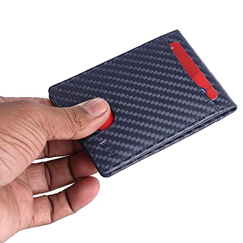 Image of Brooklyn Bridge Money Clip Wallets for Men Vegan Leather Carbon Fiber Blue - Slim RFID Protected Card Holder, Stylish Front Pocket Wallet with Cash Clip, Lightweight Gift for Him