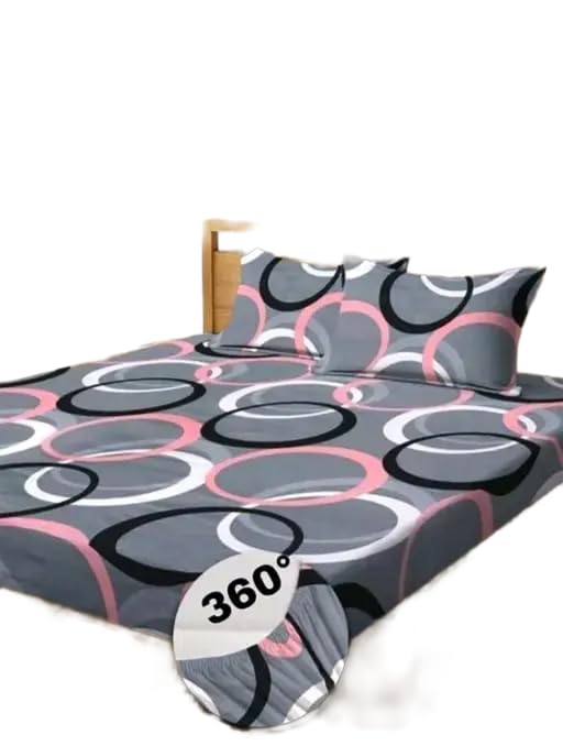 Image of Fitted (Elastic) Cotton Double Bedsheet with 2 Pillow Covers Print 24 Grey,Double