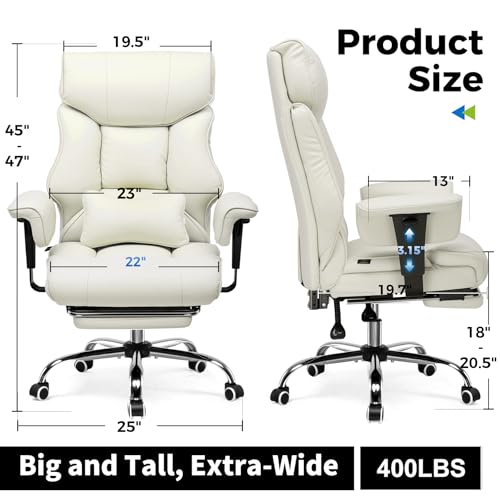 COMHOMA Big and Tall Office Chair 400lbs High Back Leather Executive Chair with Ergonomic Lumbar Support & Pocket Spring Cushion for Lower Back Pain Relief, Computer Gaming Chair with Foot Rest, Beige