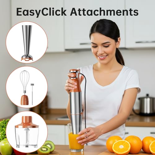 Image of Turelar Immersion Blender Handheld Corded Hand Blenders Set 1100W, Trigger Variable Speed 5 in 1 Stick Emulsifier with Chopper, Whisk and Frother for Soup, Baby Food and Smoothies, Orange