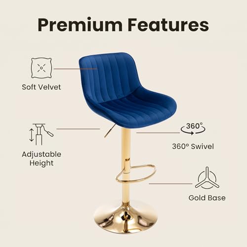 Image of ECHINGLE Velvet Bar Stools Set of 4 - Swivel Counter Height Barstools with Back & Adjustable Height, Modern Gold Kitchen Island Stools for Bar, Armless Pub Stools, Soft Blue Upholstered Seating