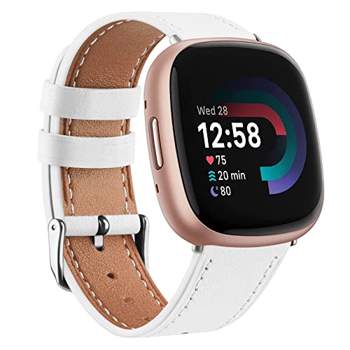 Leather Straps for Fitbit Versa 4, Versa 3, Sense 2, and Sense - Genuine Leather Replacement Band for Women and Men (White)