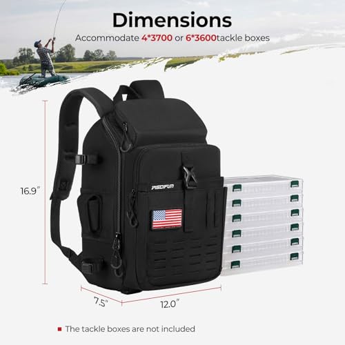 Image of Piscifun Fishing Tackle Backpack with Rod & Gear Holder, Lightweight Outdoor Water-Resistant Fishing Shoulder Storage Bag with Protective Rain Cover, Black