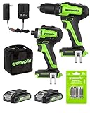 Greenworks 24V Brushless Drill Combo Kit - 310 in./lbs Cordless Drill + 1950 in./lbs Impact Driver Set, 2x2.0Ah Batteries & 2A Charger & Bag, 8 pcs Bit Set