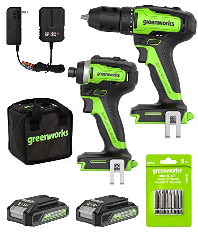 Greenworks 24V Brushless Drill Combo Kit - 310 in. lbs Cordless Drill + 1950 in. lbs Impact Driver Set, 2x2.0Ah Batteries & 2A Charger & Bag, 8 pcs Bit Set