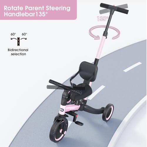 Image of newyoo Toddler Tricycle,Toddler Bike,Birthday Gifts and Toys for 1-3 Year Old Boys and Girls, Trike with Push Handle, Backrest and Safety Belt, Balance Bike, TR007, Pink