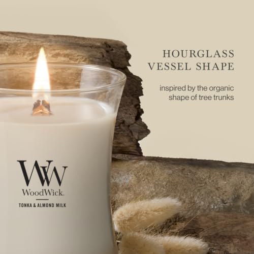 Image of WoodWick Tonka & Almond Milk Gifts for Women and Men, 9.7 oz Medium Hourglass Candle with Crackling Wick