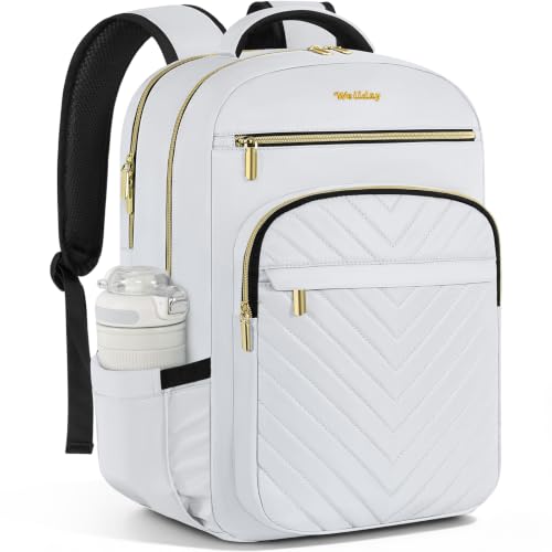 WELIDAY Laptop Backpack for Women with Cup Pocket 15.6in Travel Work Purse Bookbag for Teacher Nurse Large-Capacity 28L College Back Pack Water Resistant Computer Business Bag White