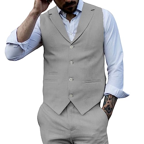 Linen Vest for Men Slim Fit Single Breasted Summer Beach Wedding Groom's Waistcoat with Real Pockets for Daily Wear (Color : Gray, Size : Medium)