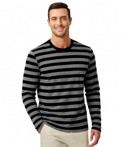 Image of KESIHAN Mens Striped Long Sleeve Shirt Crewneck Casual Basic Stripe Tee | Crewneck long sleeve striped tee with cotton spandex fabric,casual regular fit basic style for daily wear and layering.