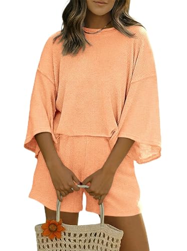 Image of Tankaneo Womens Short Sets 2 Piece Outfits 3 /4 Sleeve Tops and Elastic Waist Shorts Lounge Set Casual Loungewear