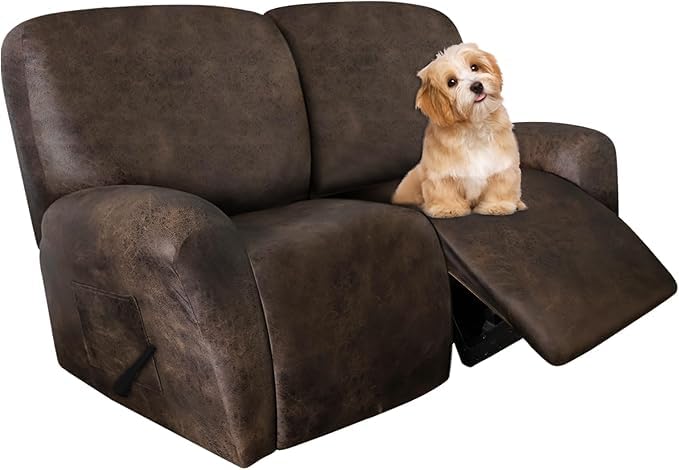 Image of molasofa Loveseat Recliner Slipcover Large Size Oversized - 6 Pieces Stretch Leather Like Recliner Sofa Cover for 2 Seat Dual Reclining Loveseat (Dark Brown)