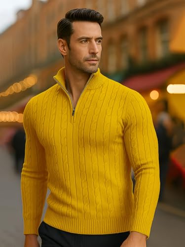 Image of TYSORT Men High Neck Zipper Full Sleeve Cable Knitted Winter Sweater,Cable Knit Sweater for Men