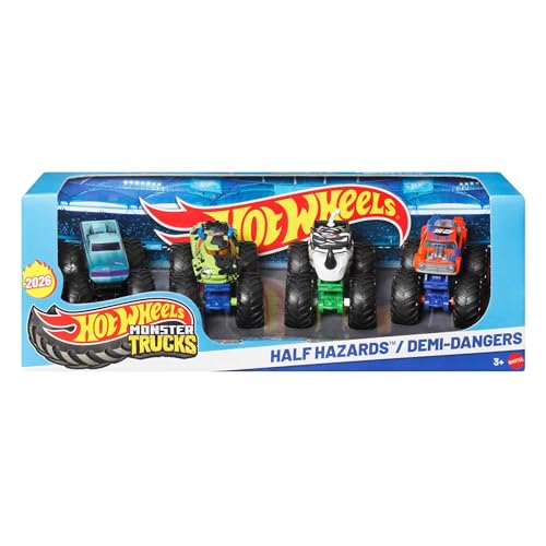 Hot Wheels Monster Trucks Camiones de Juguete Monster Trucks a Escala 1:64, Conjunto de 4, Ruedas Gigantes, Personajes Favoritos y diseños espectaculares, JJT67