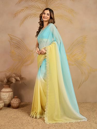 Image of TRENDMALLS Women's Tussar Silk Siroski With Zarkan Work Saree with Unstitch Blouse Piece