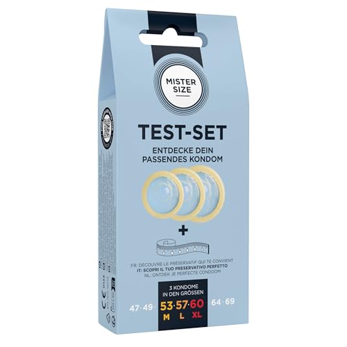 MISTER SIZE Kondome Extra Dünn & Hauchzart Gefühlsecht & Extra Feucht Perfekte Passform Aus Naturkautschuk-Latex für Natürliches Gefühl & Höchste Sicherheit (3er Pack Test-Set mit Maßband)