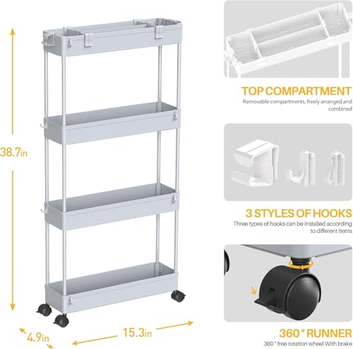 Image of SPACELEAD 2-piece Set Slim Storage Cart 3 Tier,Bathroom Organizer Rolling Utility,Mobile Shelving Unit Slide Out for Office, Kitchen, Laundry Room & Narrow Places